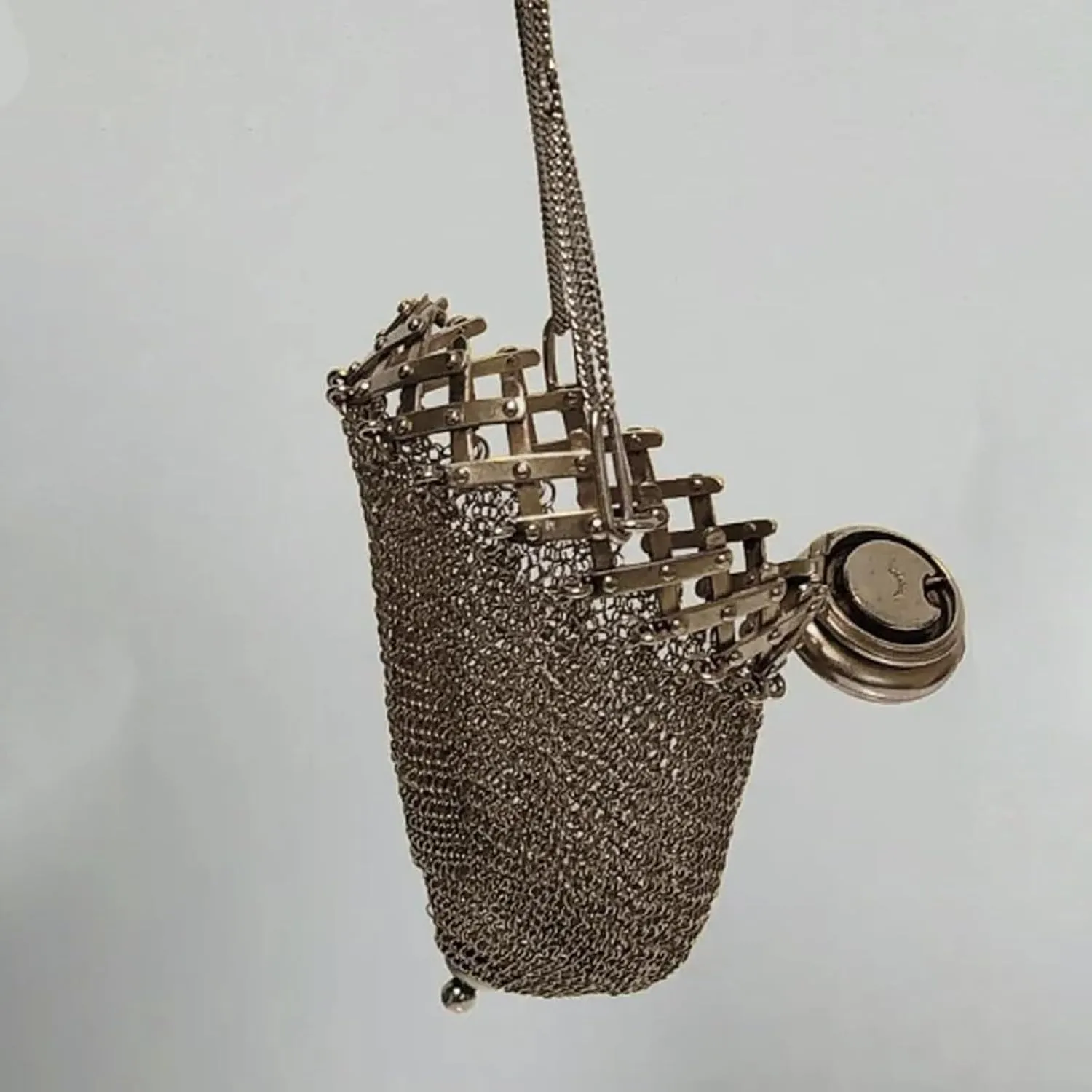 Handmade 1920's English Purse Silver Lid Gate Top Mesh Chatelaine Purse Mini Vintage Double Mesh Holder Rare Collectible Antique Accessor (1, Brown)