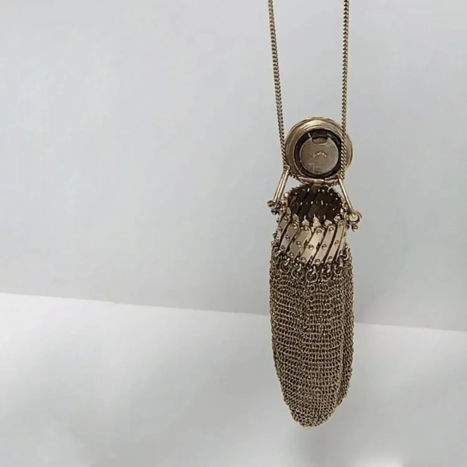 Handmade 1920's English Purse Silver Lid Gate Top Mesh Chatelaine Purse Mini Vintage Double Mesh Holder Rare Collectible Antique Accessor (1, Brown)