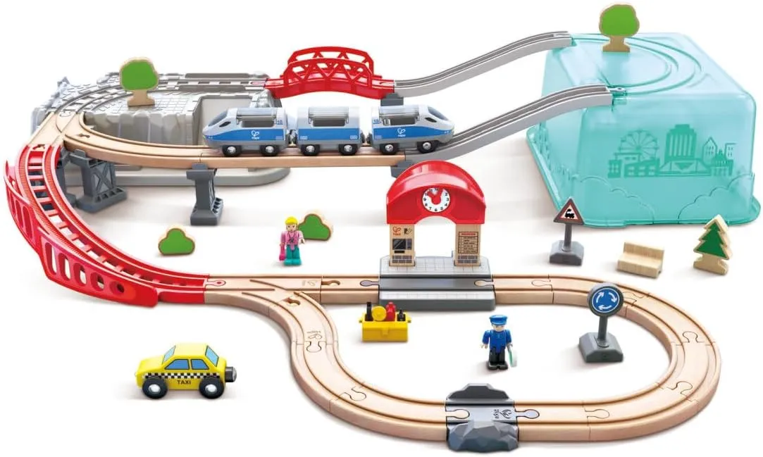 Hape City Railway and Train Bucket Set Toy with Hoisting Magnetic Crane for Trains, Trucks, and Cargo for Kids Ages 3 and Up, Multicolor