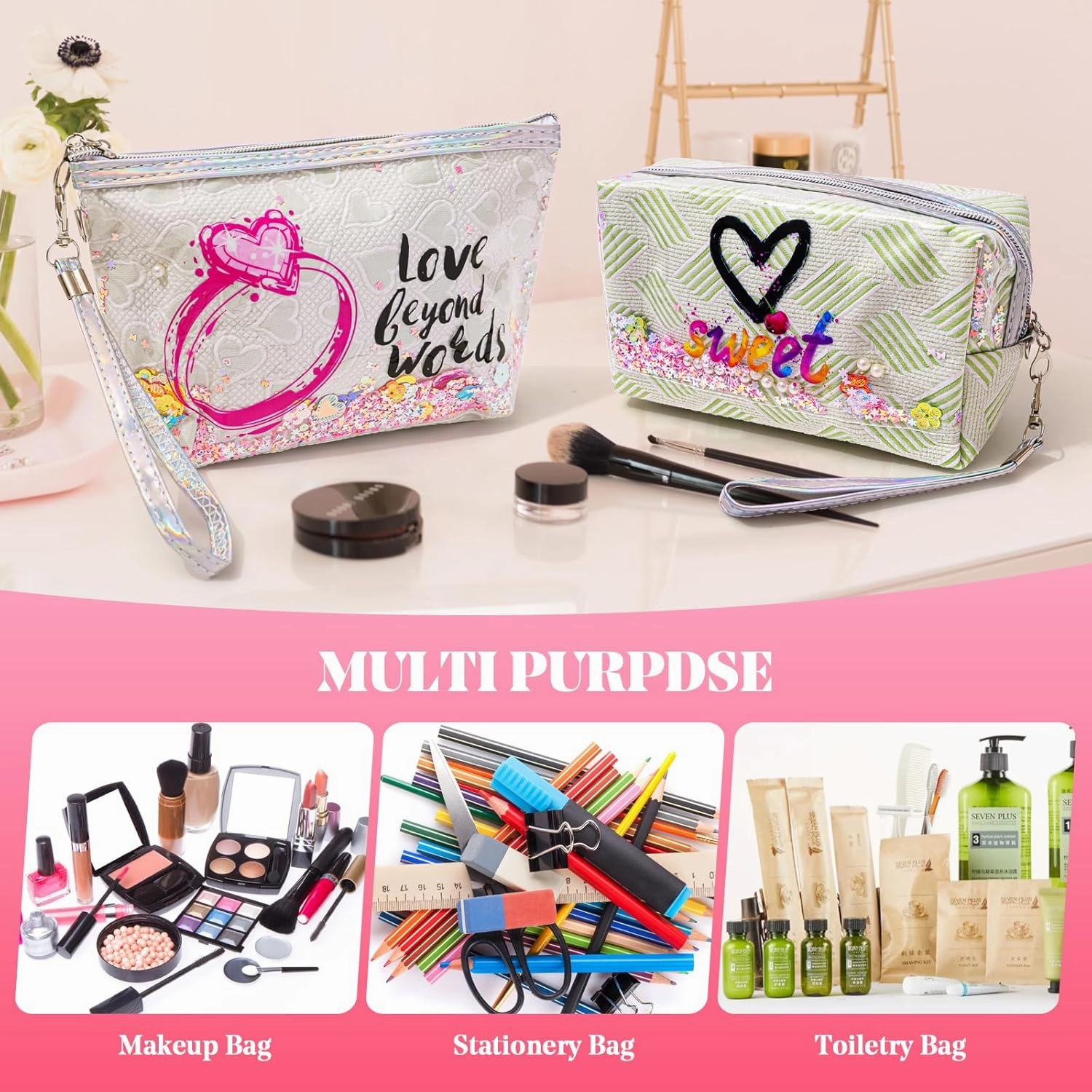 Heart & Love Cosmetic Bag for Women & Girls | Gift-Ready Waterproof PU Leather Makeup Organizer | Travel-Friendly Compact & Large Sizes (7” & 9”)