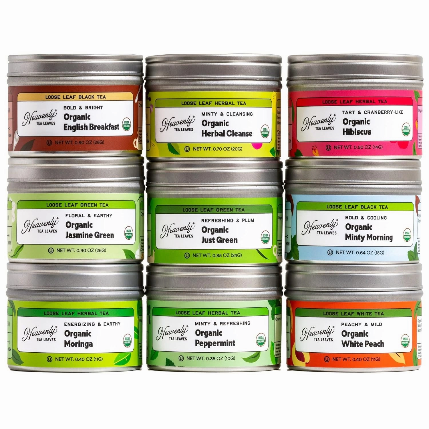 Heavenly Tea Leaves 9 Flavor Variety Pack Loose Leaf Tea Sampler (Approx. 90 Cups) - Green, Herbal, Black, White Teas - Great Iced or Hot - High to No Caffeine - Premium Assorted Tea Gift Set