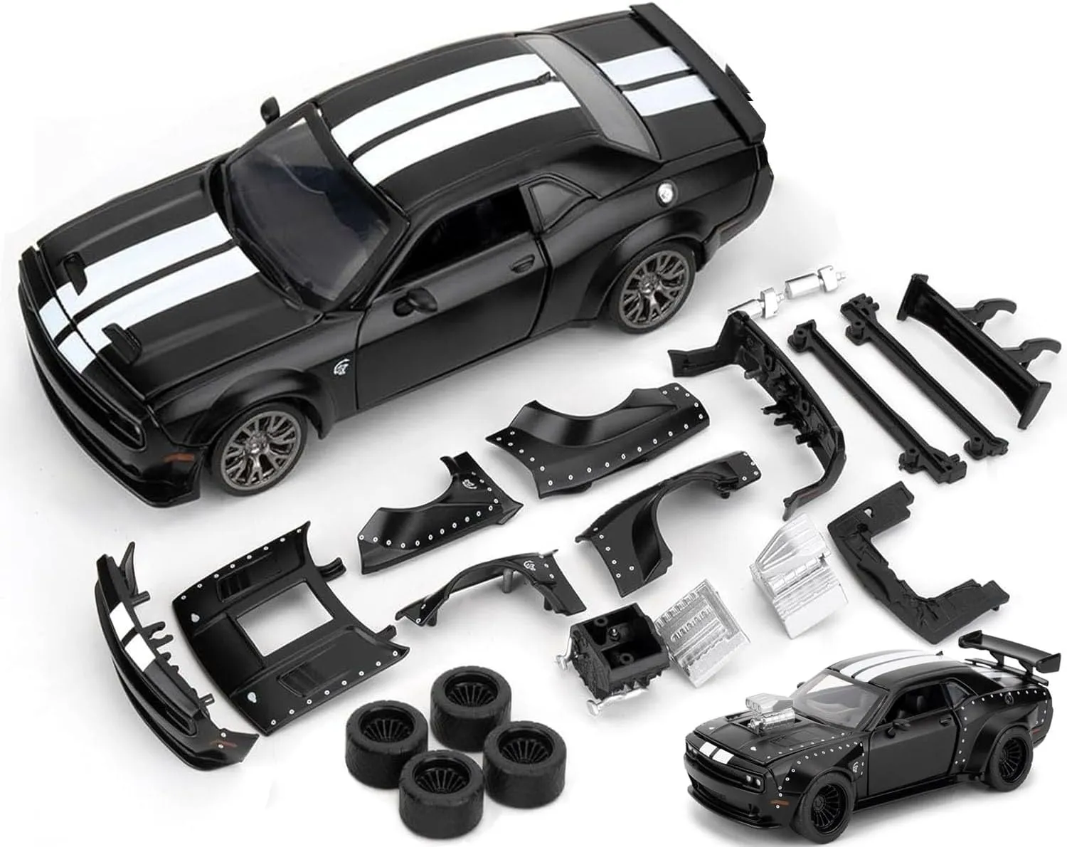 Hellcat DIY Disassembly Toy Car 1:36 Dodge Challenger SRT Building Kit for Kids Ages 3  Diecast Model Cars with Open Doors STEM Learning Gift for Boys Ages 4-7(Black)