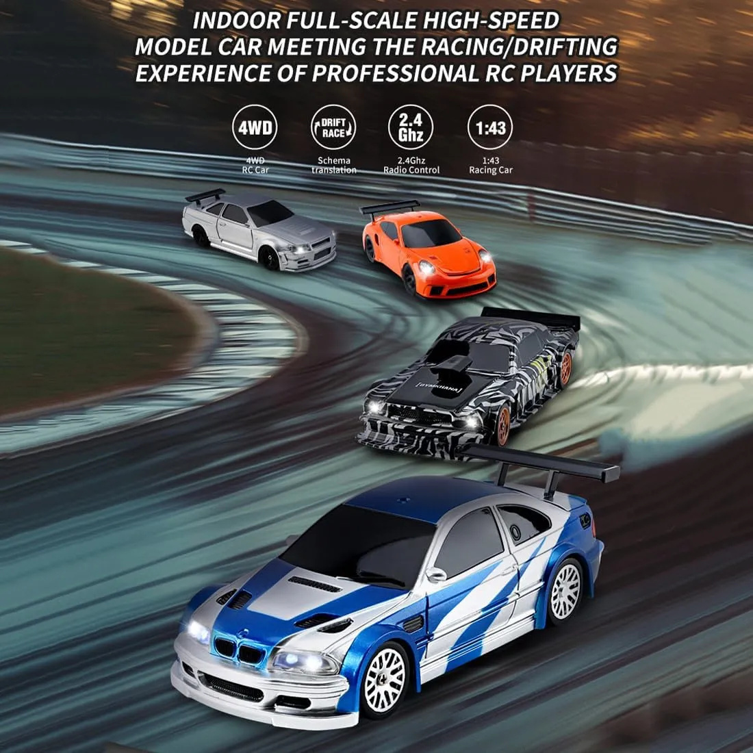 HERR RC Electric Mini Racing Drift Car Model 1:43 Scale 2.4G Full Scale Linkage Light Set Max Speed 15km/h Indoor Mini RC Toys (Gyroscope RTR Version, Silver)