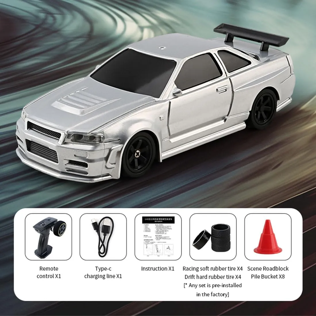 HERR RC Electric Mini Racing Drift Car Model 1:43 Scale 2.4G Full Scale Linkage Light Set Max Speed 15km/h Indoor Mini RC Toys (Gyroscope RTR Version, Silver)