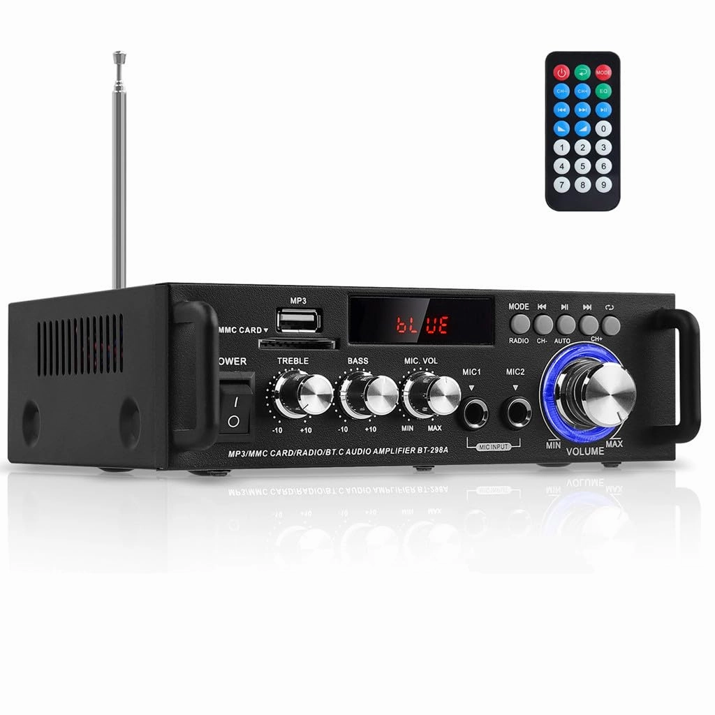 HiFi Bluetooth Audio Amplifier 298A Mini Stereo Amp RMS 40W Max 300W 2.0 Channel Audio Power Amplifier Receiver w/USB FM Mic for Home, Car Speakers System(US Plug)