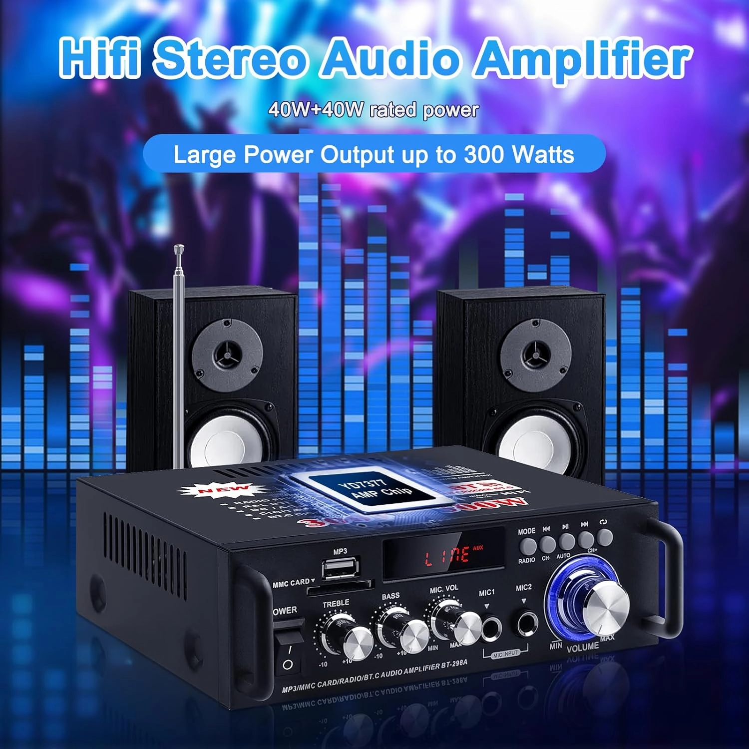 HiFi Bluetooth Audio Amplifier 298A Mini Stereo Amp RMS 40W Max 300W 2.0 Channel Audio Power Amplifier Receiver w/USB FM Mic for Home, Car Speakers System(US Plug)