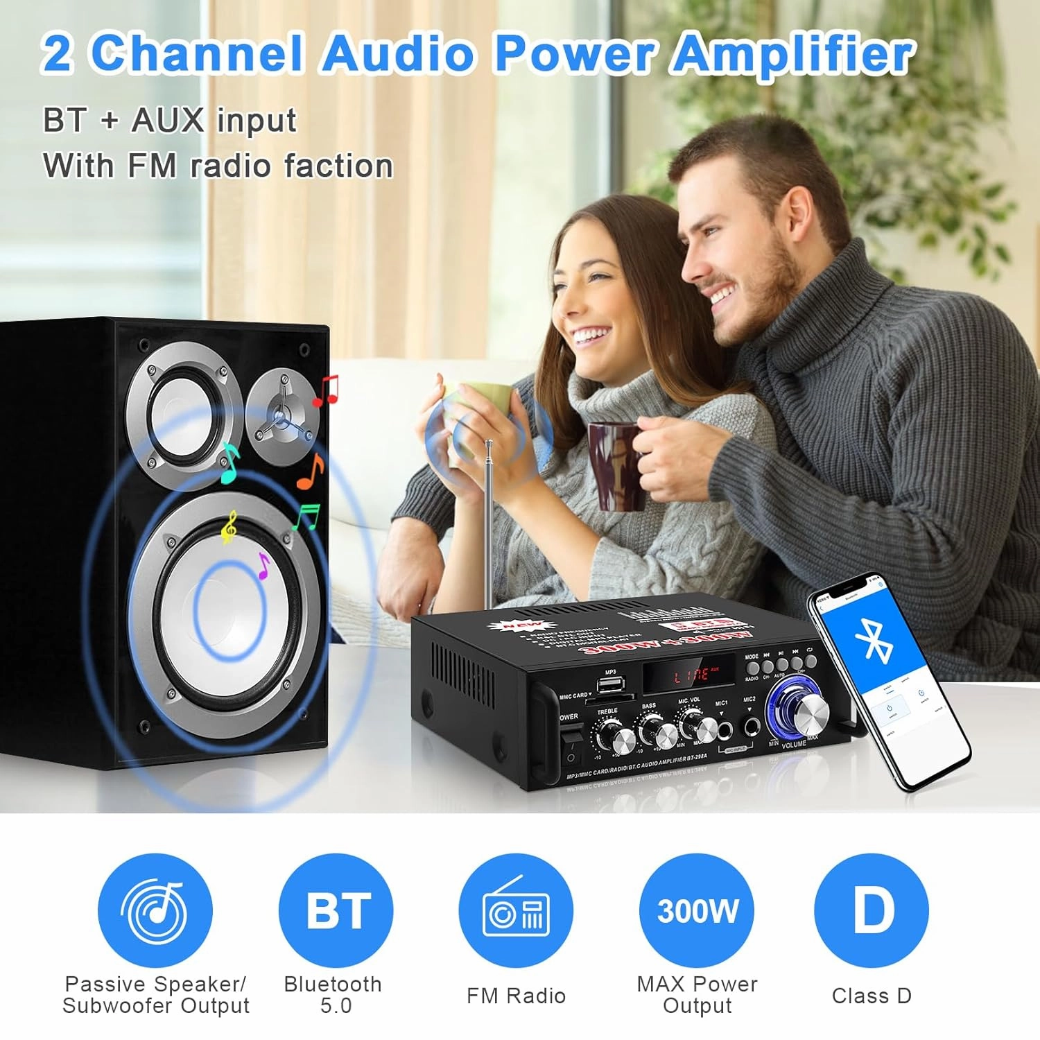 HiFi Bluetooth Audio Amplifier 298A Mini Stereo Amp RMS 40W Max 300W 2.0 Channel Audio Power Amplifier Receiver w/USB FM Mic for Home, Car Speakers System(US Plug)
