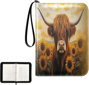 Highland Cow Sunflowers Oil Painting Card Binder 4 Pocket, Trading Card Holder Fits 400 Game Cards with 50 Removable Sleeves, MTG Card Case Standard Size