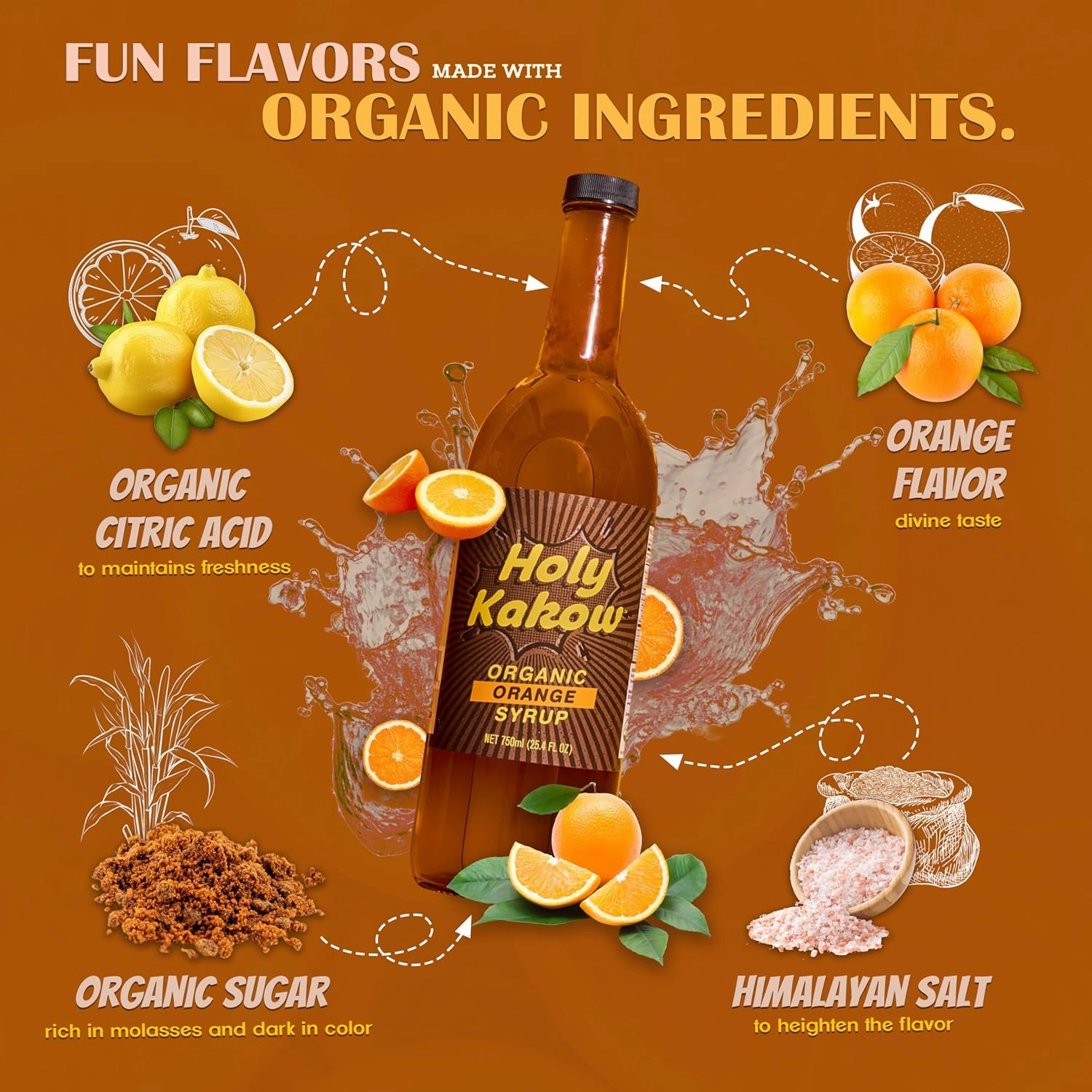 Holy Kakow Cafe Organic Orange Syrup - Orange Syrup, Coffee Syrup, Organic Syrup for Coffee, Orange Syrup for Coffee, Add to Latte, Cocktail and Shake, Real Food Ingredients, Specific Flavor - 750ml