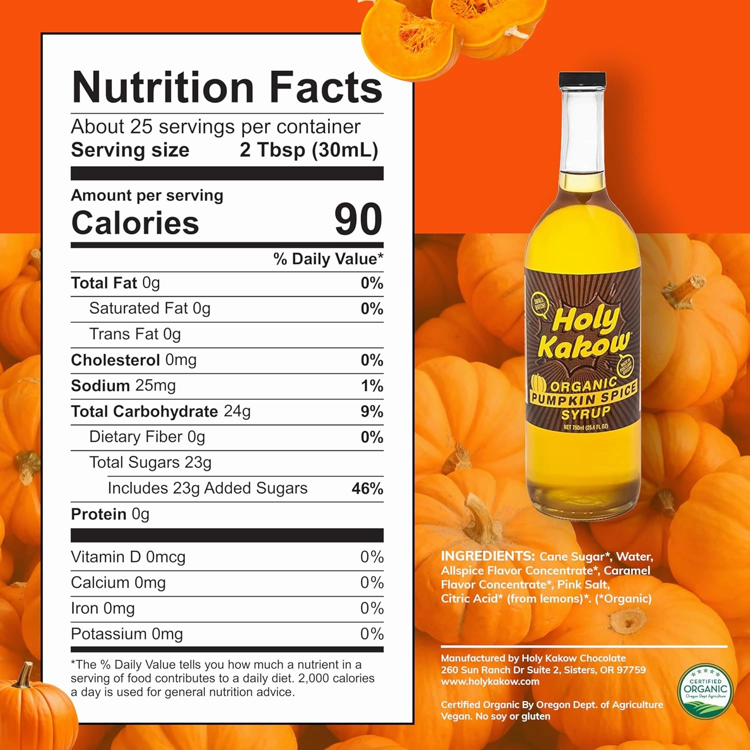 Holy Kakow Cafe Organic Orange Syrup - Orange Syrup, Coffee Syrup, Organic Syrup for Coffee, Orange Syrup for Coffee, Add to Latte, Cocktail and Shake, Real Food Ingredients, Specific Flavor - 750ml