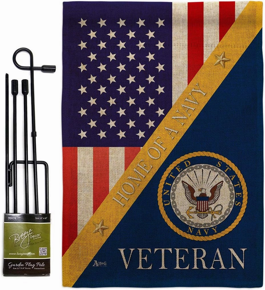 Home of Navy Burlap Garden Flag - Set with Stand Armed Forces USN Seabee United State American Military Veteran Retire Official - House Banner Small Yard Gift Double-Sided Made in USA 13 X 18.5