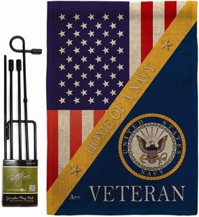 Home of Navy Burlap Garden Flag - Set with Stand Armed Forces USN Seabee United State American Military Veteran Retire Official - House Banner Small Yard Gift Double-Sided Made in USA 13 X 18.5