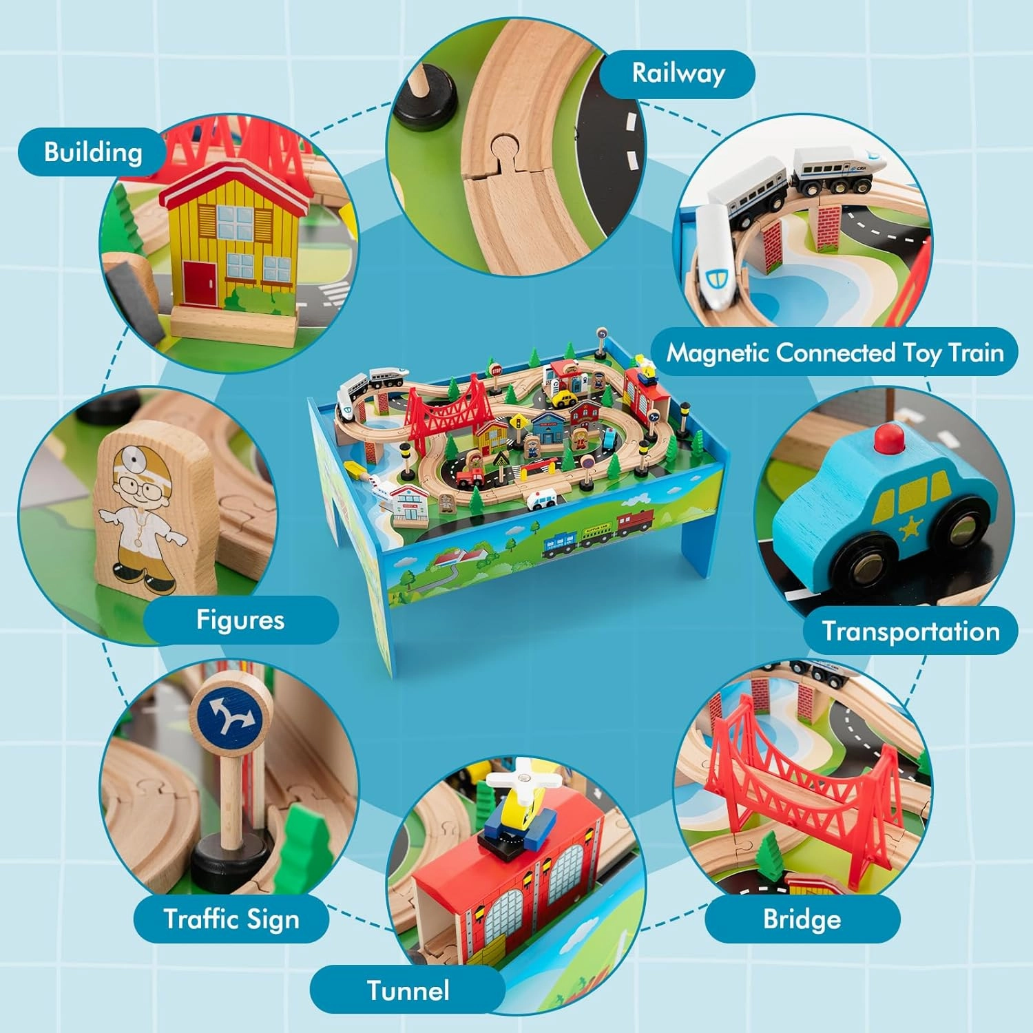 HONEY JOY Train Table, Wooden Kids Activity Table w/ 80 Multicolor Pieces, Tracks, Trains, Cars, Toddler Toy Train Table Set w/Reversible Tabletop, Gift for Boys Girls Ages 3  (Blue)