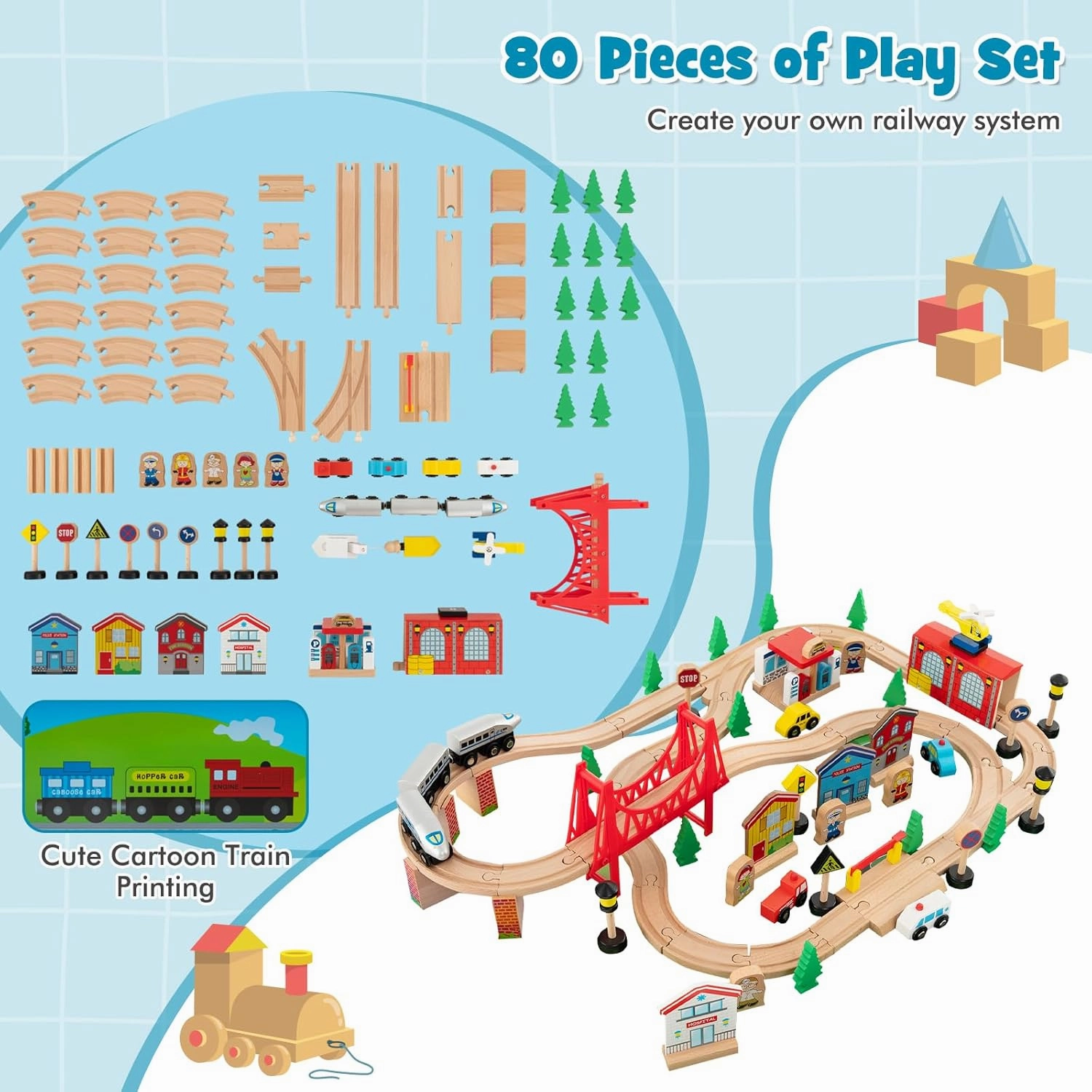 HONEY JOY Train Table, Wooden Kids Activity Table w/ 80 Multicolor Pieces, Tracks, Trains, Cars, Toddler Toy Train Table Set w/Reversible Tabletop, Gift for Boys Girls Ages 3  (Blue)