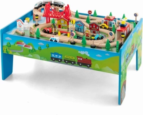 HONEY JOY Train Table, Wooden Kids Activity Table w/ 80 Multicolor Pieces, Tracks, Trains, Cars, Toddler Toy Train Table Set w/Reversible Tabletop, Gift for Boys Girls Ages 3  (Blue)