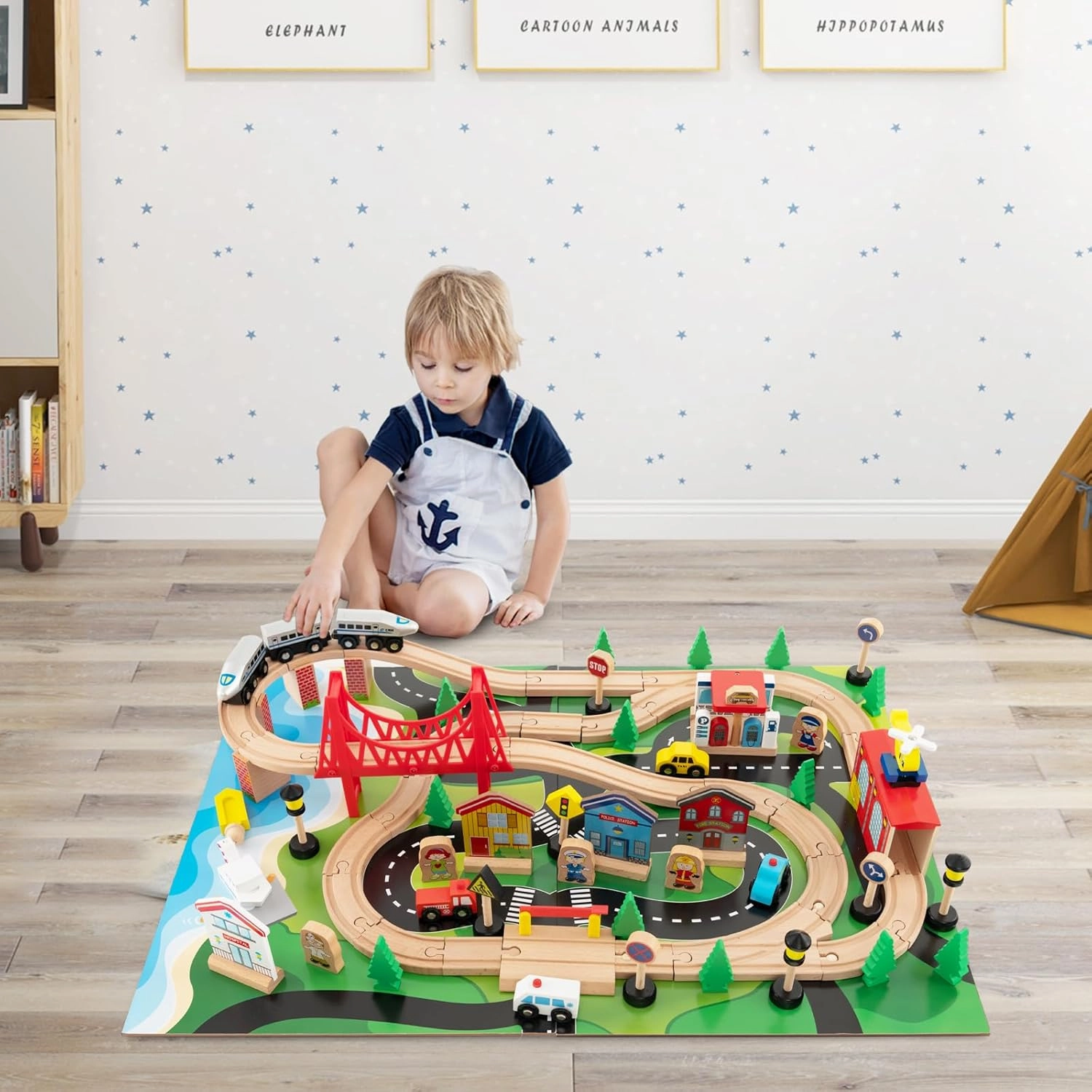 HONEY JOY Train Table, Wooden Kids Activity Table w/ 80 Multicolor Pieces, Tracks, Trains, Cars, Toddler Toy Train Table Set w/Reversible Tabletop, Gift for Boys Girls Ages 3  (Blue)