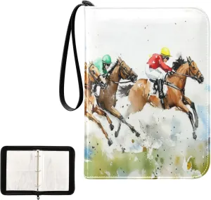 Horse Race Painting Pattern Card Binder 4 Pocket, Trading Card Holder Fits 400 Game Cards with 50 Removable Sleeves, MTG Card Case Standard Size