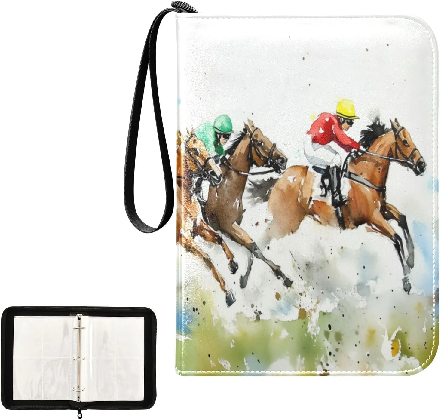 Horse Race Painting Pattern Card Binder 4 Pocket, Trading Card Holder Fits 400 Game Cards with 50 Removable Sleeves, MTG Card Case Standard Size