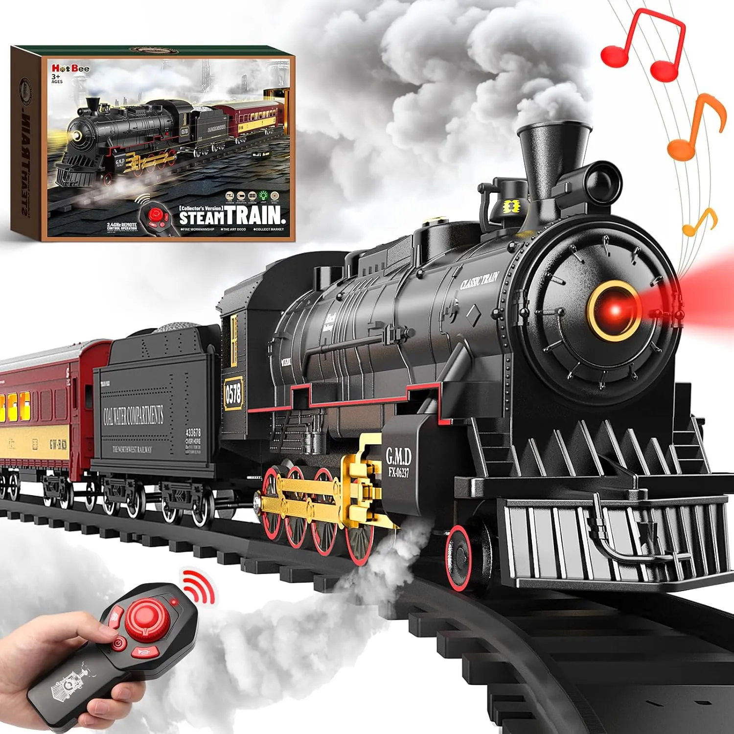 Hot Bee Train Set for Boys,RC Train Sets w/Steam Locomotive,Light Passenger Cars & Tracks, Christmas Trains Toys w/Smoke,Whistle & Lights,Christmas Toys Gifts for 3 4 5 6 7 8  Year Old Kids