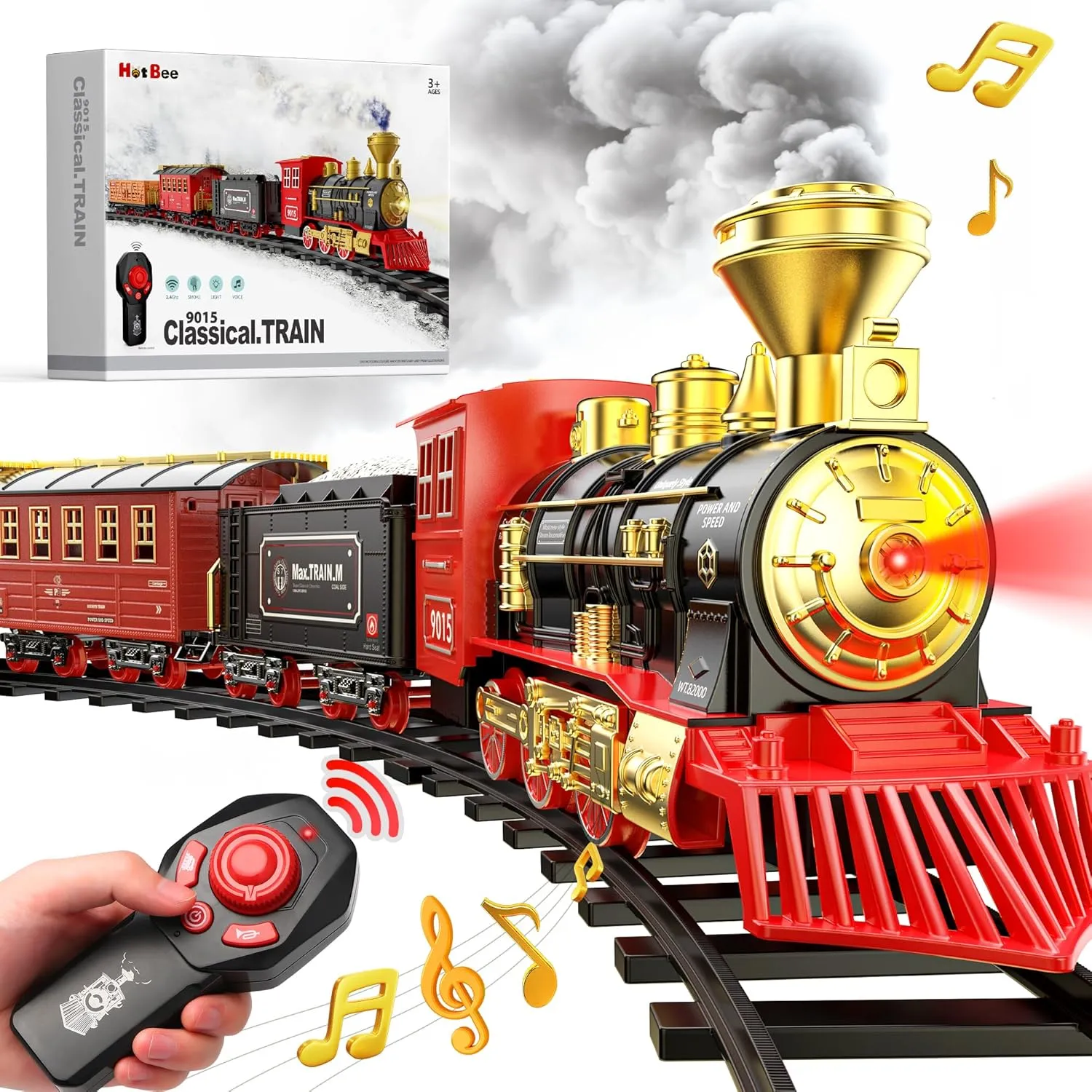 Hot Bee Train Set - Train Toys with Remote Control Trains for Boys with Smokes, Lights and Sound,Toy Train Set for Under Christmas Tree, Toddler Model Trains for 3 4 5 6 7 8  Years Old Kids