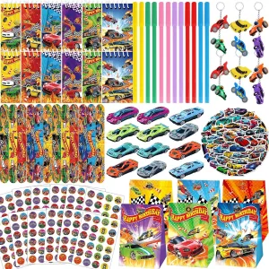 Hot Car Party Favors Racing Car Birthday Party Supplies Race Cars Gift Bags Notebooks Pens Key Chains Slap Bracelets Mini Cars DIY Sticker for Kids Boy Girl Birthday Decor Classroom Activities Game
