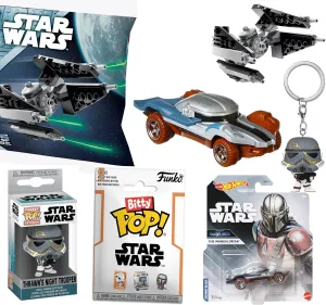 Hot Wheels Mandalorian Star Wars Bundled with Cool Team Crew Trooper Mini Fig & Retro Tie Interceptor & Movie Blind Bag 5 Items