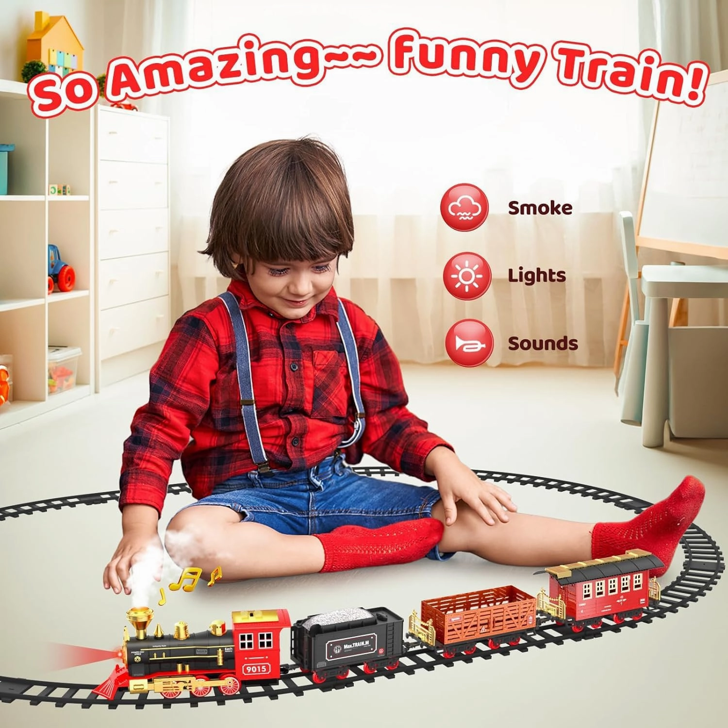 Hot Bee Train Set - Train Toys for Boys with Smokes, Lights and Sound, Toy Train Set for Under Christmas Tree, Toddler Model Trains for 3 4 5 6 7 8  Years Old Kids Christmas Toys Gifts