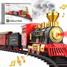 Hot Bee Train Set - Train Toys for Boys with Smokes, Lights and Sound, Toy Train Set for Under Christmas Tree, Toddler Model Trains for 3 4 5 6 7 8  Years Old Kids Christmas Toys Gifts