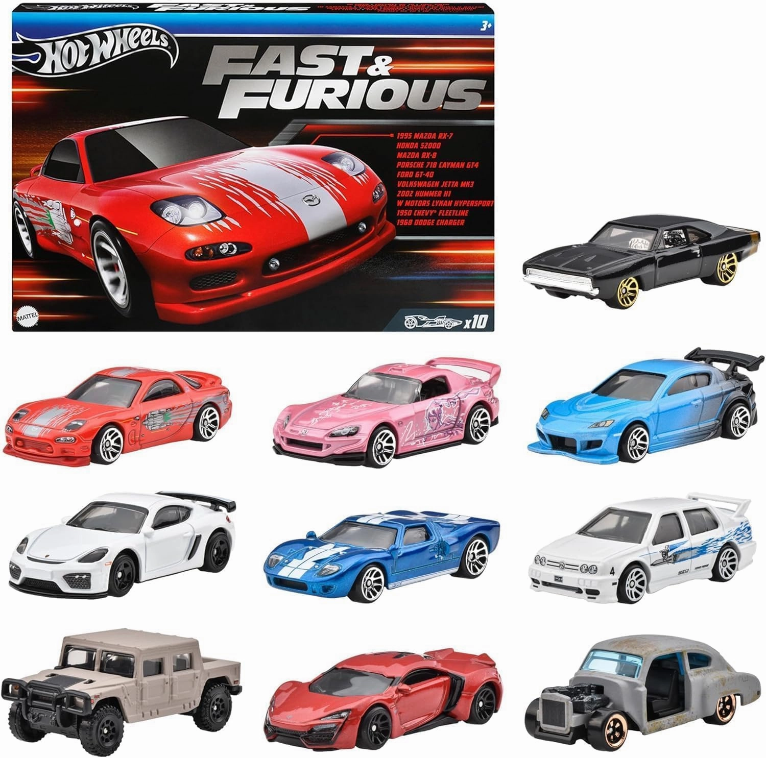 Hot Wheels HVX27 Fast and Furious 10 Car Pack Vehicle Toy Mini Car 3 Years Old and Multi