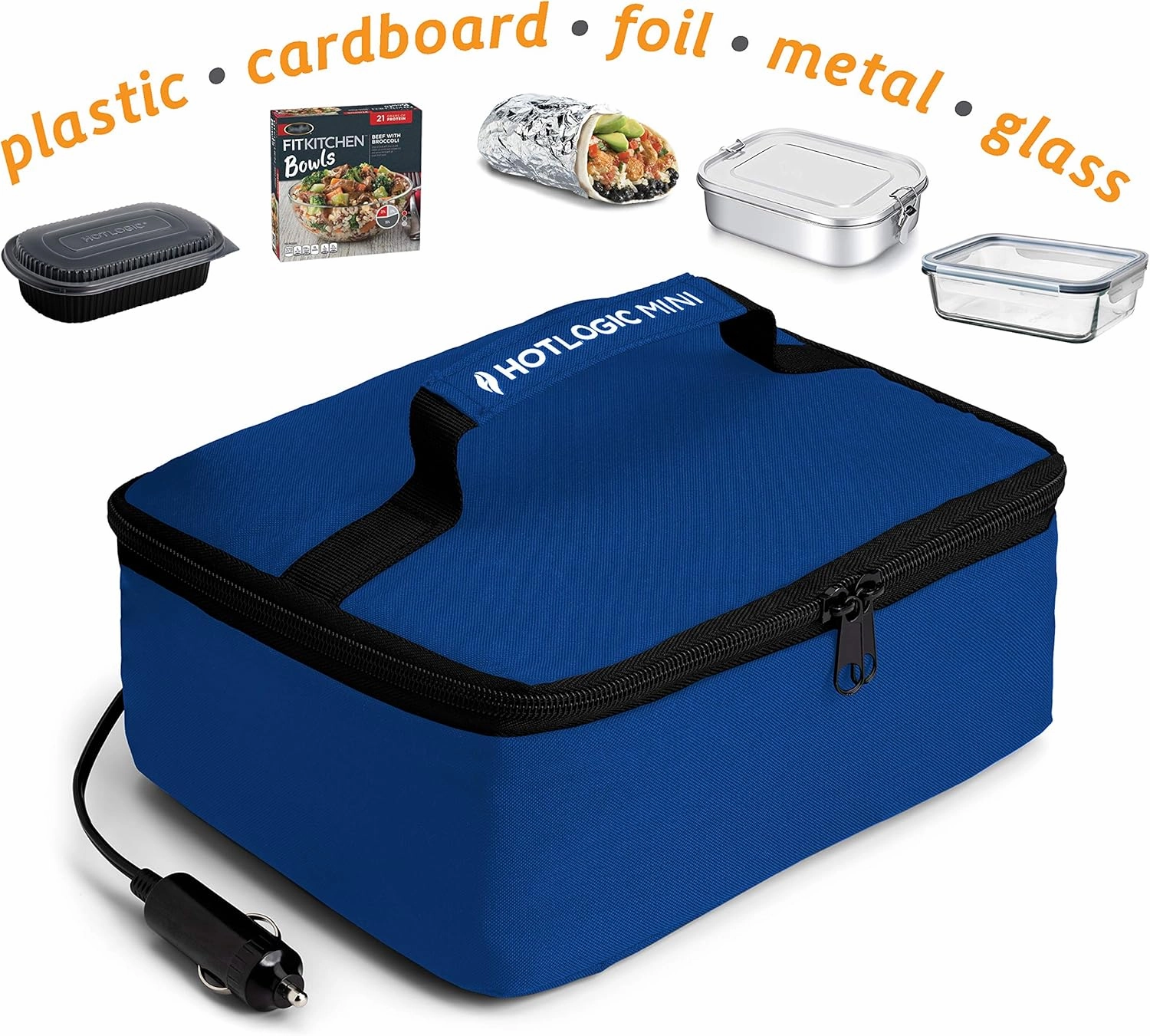 HOTLOGIC Mini Portable Electric Lunch Box Food Heater with Glass Container - Food Warmer and Heated Lunch Box for Adults Car/Home - Cook, Reheat, and Keep Your Food Warm - BLUE - 12V