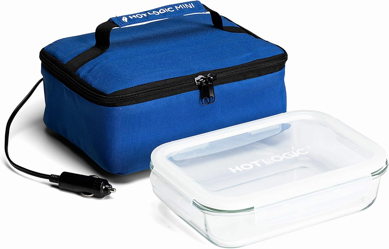 HOTLOGIC Mini Portable Electric Lunch Box Food Heater with Glass Container - Food Warmer and Heated Lunch Box for Adults Car/Home - Cook, Reheat, and Keep Your Food Warm - BLUE - 12V