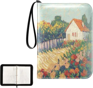 House Garden Flowers Colorful Oil Pattern Card Binder 4 Pocket, Trading Card Holder Fits 400 Game Cards with 50 Removable Sleeves, MTG Card Case Standard Size