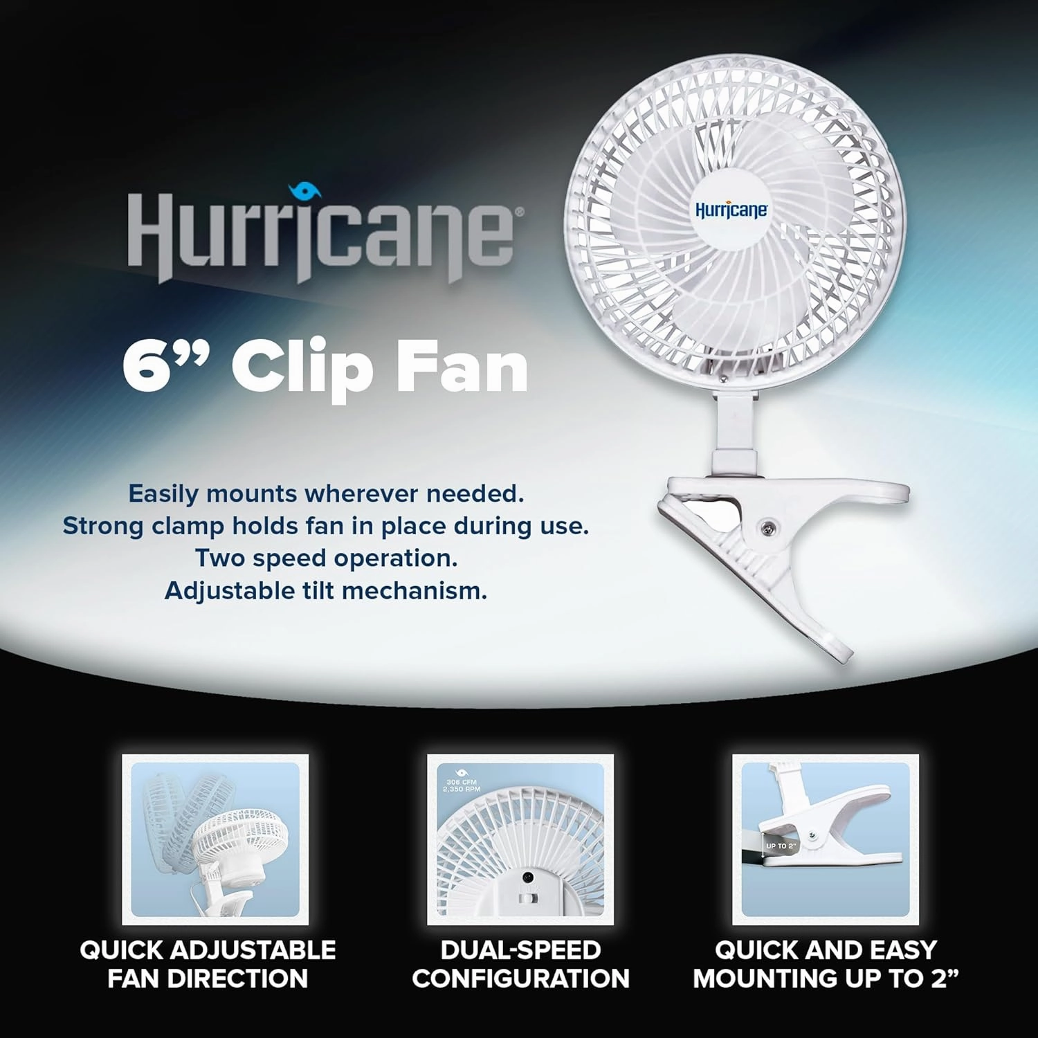Hurricane 2-Pack Classic 6-Inch Electric Corded Clip-On Table Fan with 2 Quiet Speeds for Desks and Night Stands, 14W, White