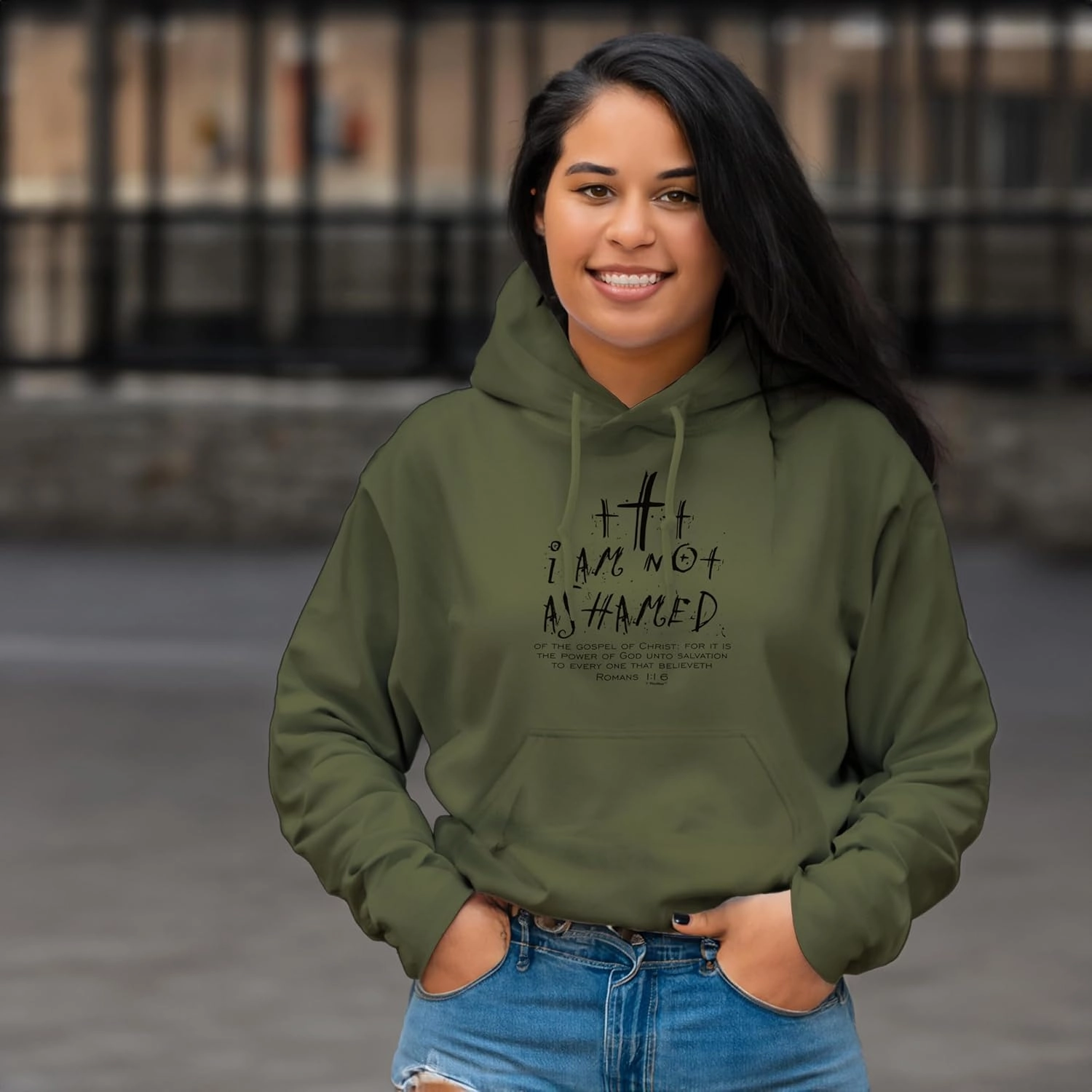 I Am Not Ashamed Romans 1:16 Verse Long Sleeve Front Pocket Hoodie Sweatshirt
