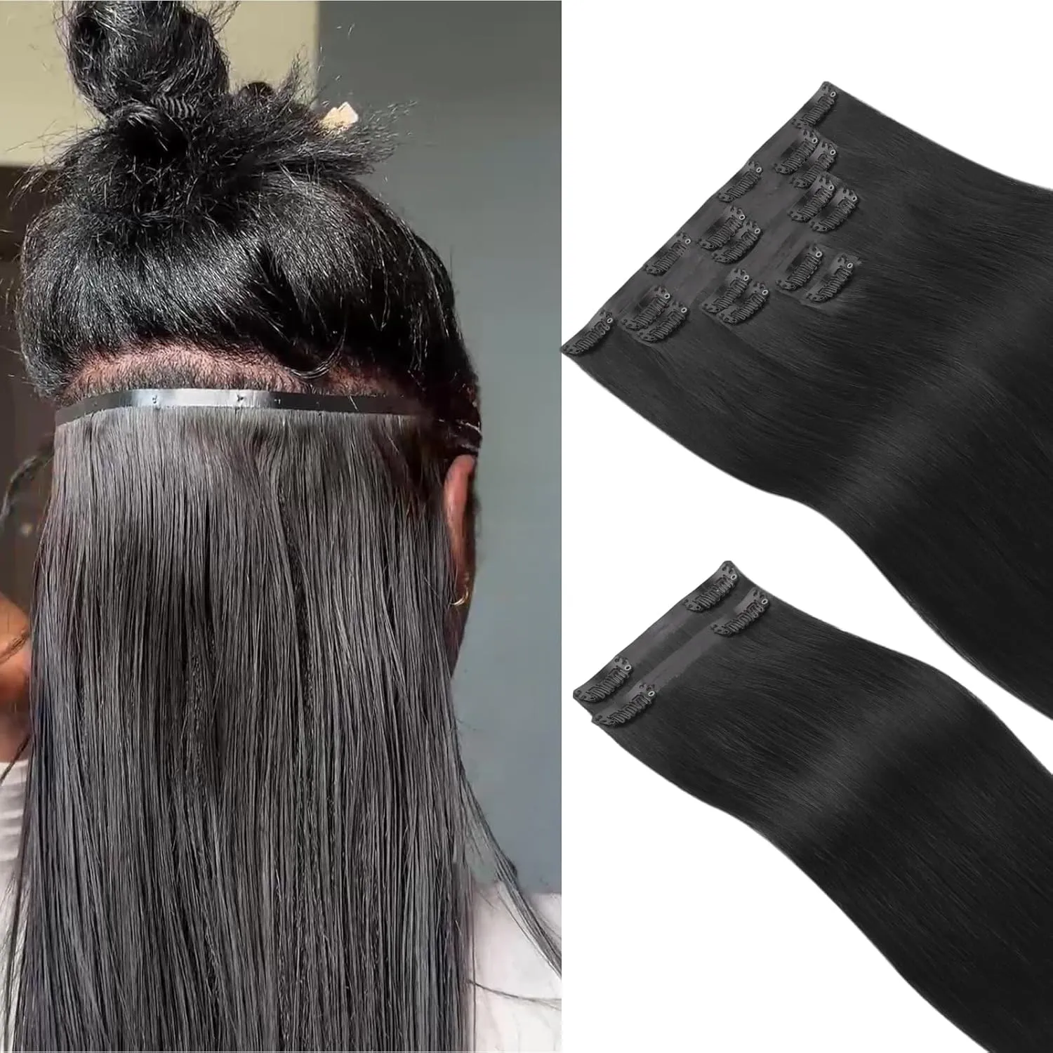 IDN BEAUTY Seamless Clip In Hair Extensions Human Hair, Straight 14 Inch 130g 9pcs Natural Black Real Virgin Human Hair Seamless Clip Ins For Black Women PU Weft Invisible Edge