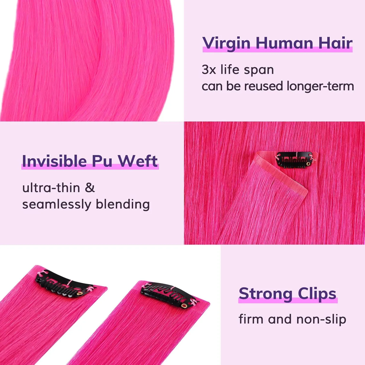 IDN BEAUTY Seamless Clip In Hair Extensions Human Hair, Straight 18 Inch 46g 4Pcs Hot Pink Real Virgin Human Hair Seamless Clip Ins For Black Women PU Weft Invisible Edge