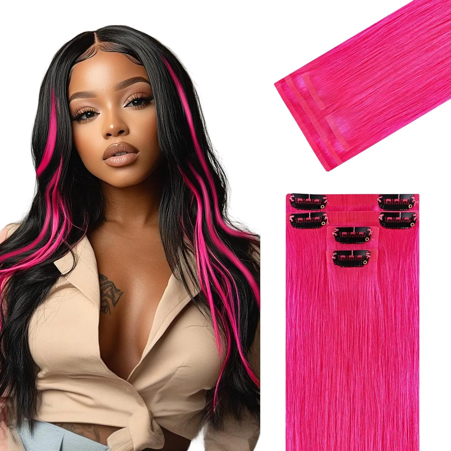 IDN BEAUTY Seamless Clip In Hair Extensions Human Hair, Straight 18 Inch 46g 4Pcs Hot Pink Real Virgin Human Hair Seamless Clip Ins For Black Women PU Weft Invisible Edge