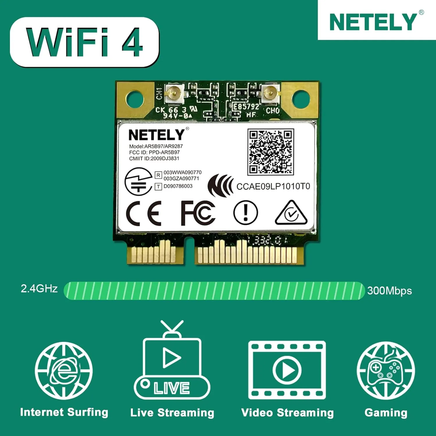 IEEE 802.11N Mini-PCIE Interface 300Mbps WiFi Adapter for Laptop PCs and Desktop PCs, Mini-PCIE WiFi Card, Qualcomm Atheros AR9287 Wireless Network Adapter (AR9287)