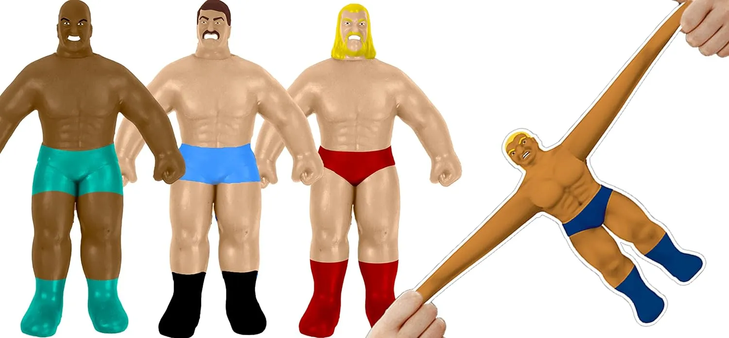 JA-RU Super Stretchy Wrestlers (3 Wrestlers) Classic Retro Squishy Action Figure for Kids & Adults, Boys Toys. Wrestling Strong Man Stretch & Pull Stress Relief Fidget Toy. Party Favors. 4307-3p