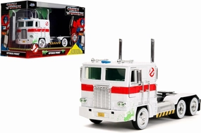 Jada Transformers G1 Optimus Prime Big Rig with Ghostbusters Ecto-1 Graphics - Die-Cast Vehicle - 1:24 Scale, Opening Doors, Hood & Trunk, Rubber Tires - Ages 8  - White/Green