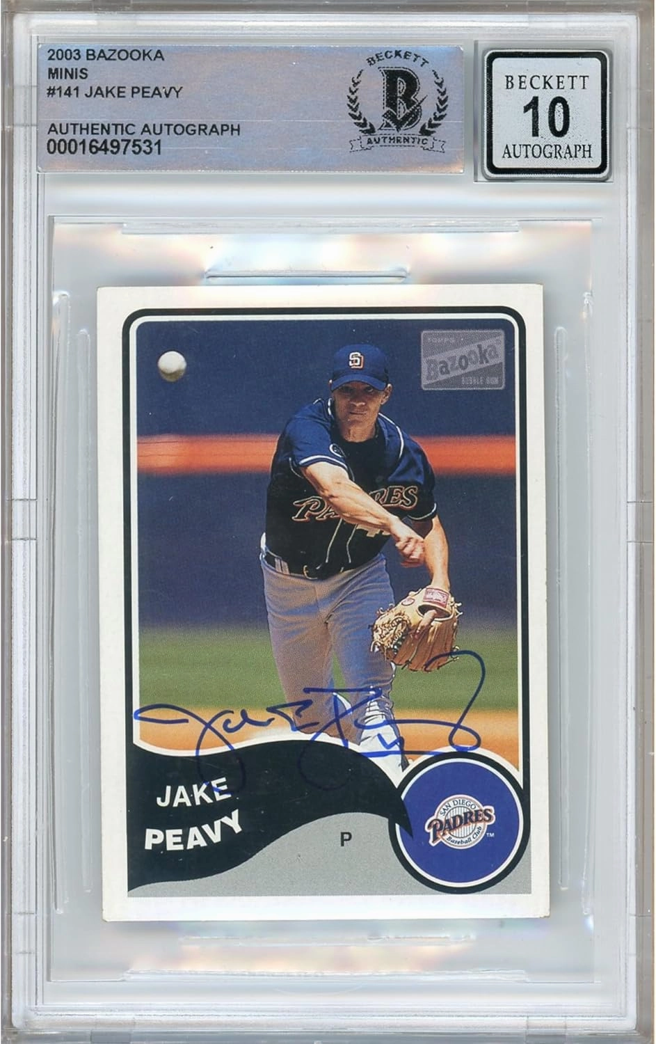 Jake Peavy Signed 2003 Topps Bazooka Mini Rookie Card #141, Beckett Authentic Autograph BGS Auto-10 Graded Slab, San Diego Padres Autographed Baseball Memorabilia
