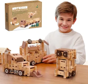 Jovi-mindly＆Notchies Wooden Blocks Train Set 101 PCS Create 40  Shapes,Toys Educational Wooden Building Blocks Puzzles for Kids Ages 5-8 Boys and Girls,Truck/Excavator,FSC Certified,Graduate Gifts