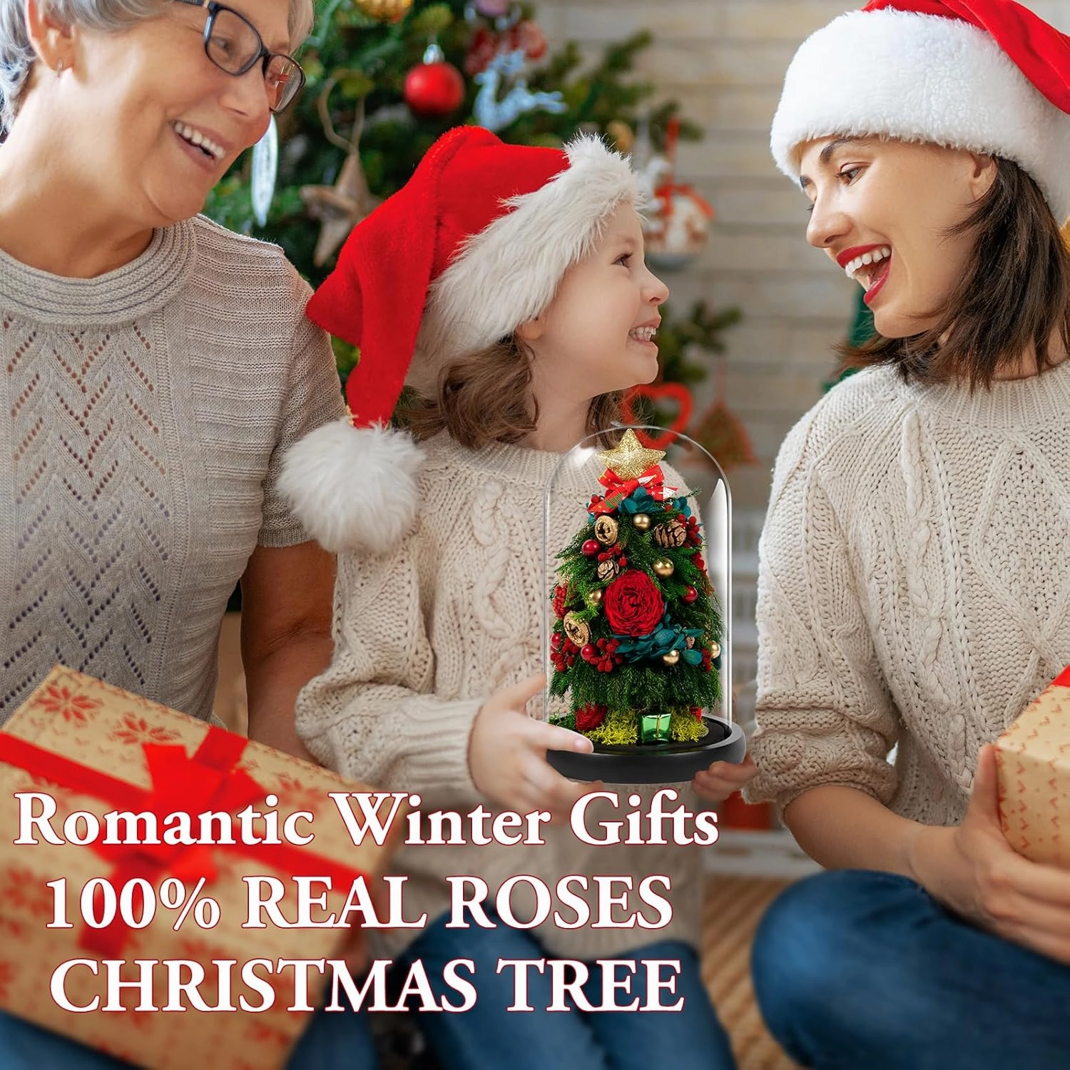JoyFlower Small Christmas Tree Preserved Flowers in Glass Dome, Eternal Roses Christmas Tree Table Decor, Mini Table Christmas Trees with Forever Flowers, Unique with Elegant Gift Box