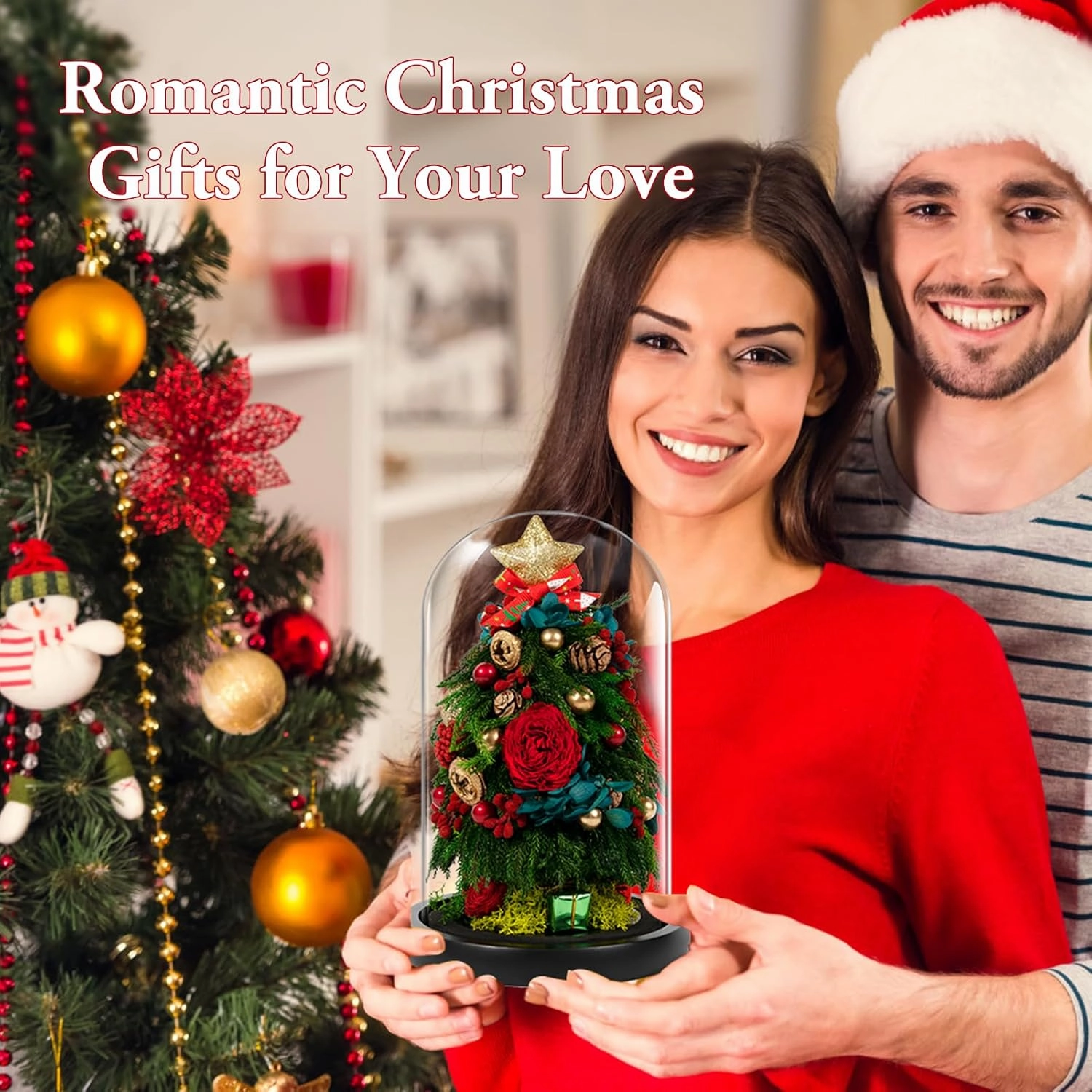 JoyFlower Small Christmas Tree Preserved Flowers in Glass Dome, Eternal Roses Christmas Tree Table Decor, Mini Table Christmas Trees with Forever Flowers, Unique with Elegant Gift Box