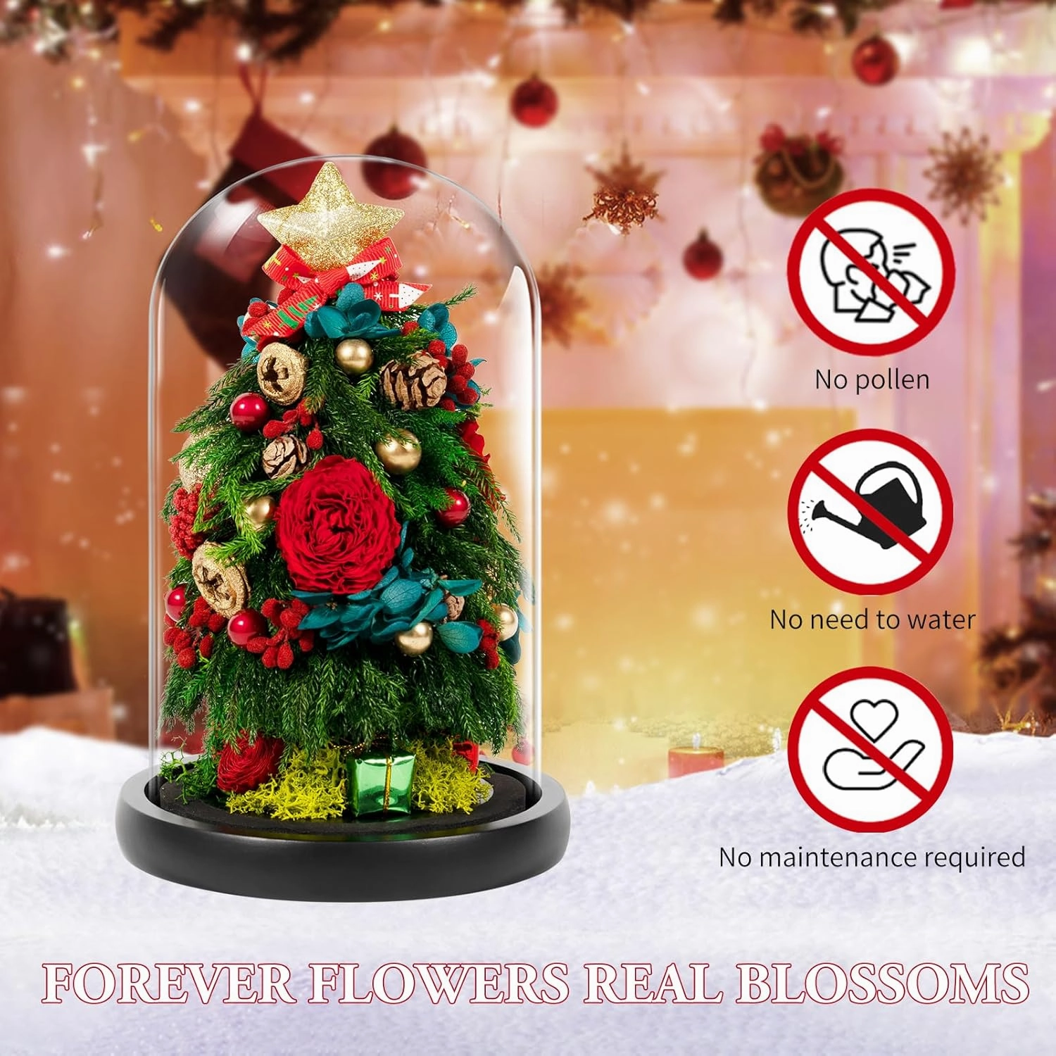JoyFlower Small Christmas Tree Preserved Flowers in Glass Dome, Eternal Roses Christmas Tree Table Decor, Mini Table Christmas Trees with Forever Flowers, Unique with Elegant Gift Box