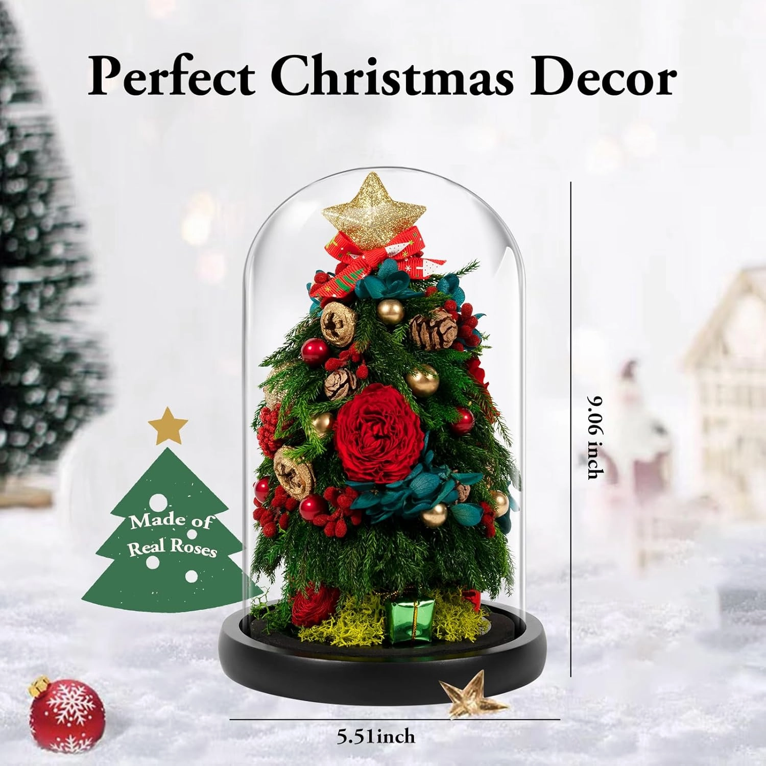 JoyFlower Small Christmas Tree Preserved Flowers in Glass Dome, Eternal Roses Christmas Tree Table Decor, Mini Table Christmas Trees with Forever Flowers, Unique with Elegant Gift Box
