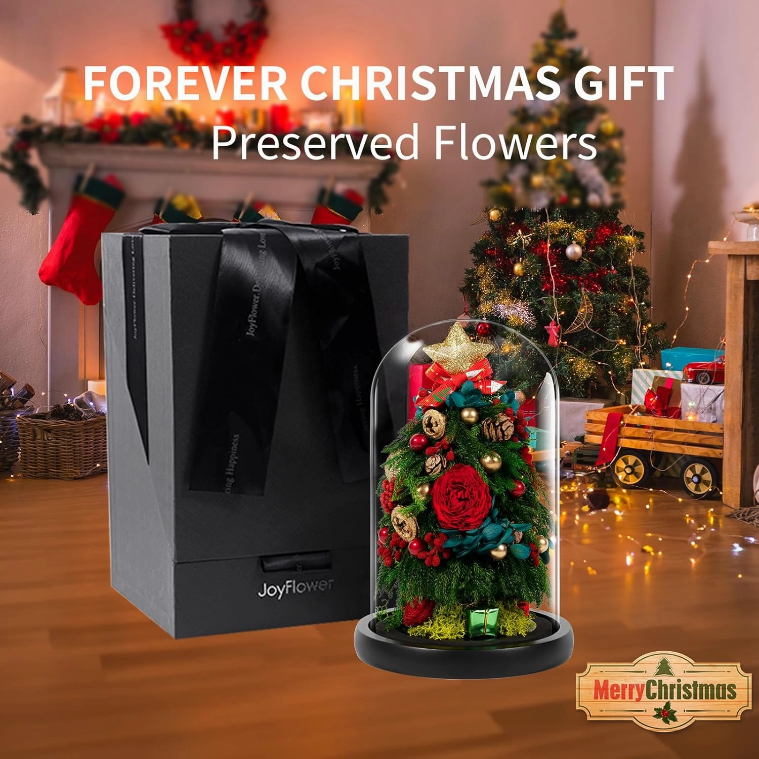 JoyFlower Small Christmas Tree Preserved Flowers in Glass Dome, Eternal Roses Christmas Tree Table Decor, Mini Table Christmas Trees with Forever Flowers, Unique with Elegant Gift Box