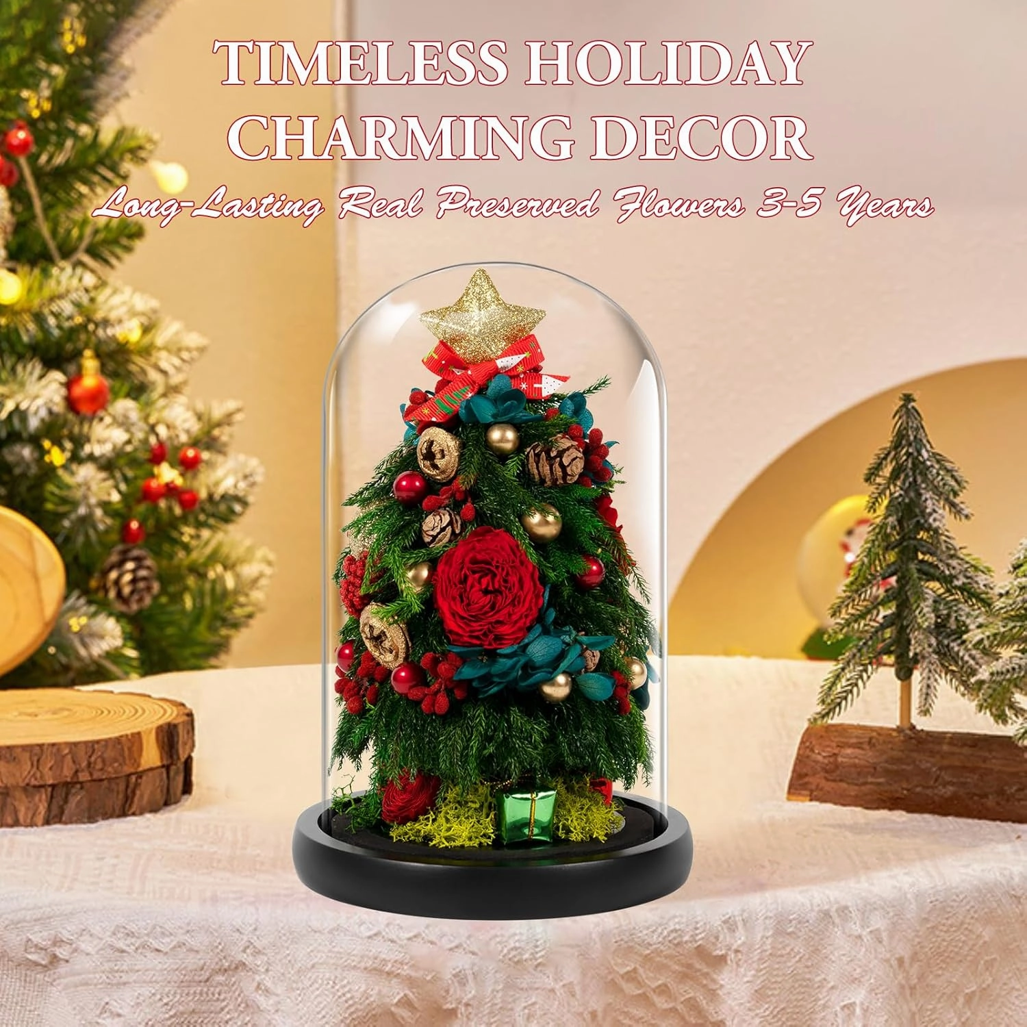 JoyFlower Small Christmas Tree Preserved Flowers in Glass Dome, Eternal Roses Christmas Tree Table Decor, Mini Table Christmas Trees with Forever Flowers, Unique with Elegant Gift Box