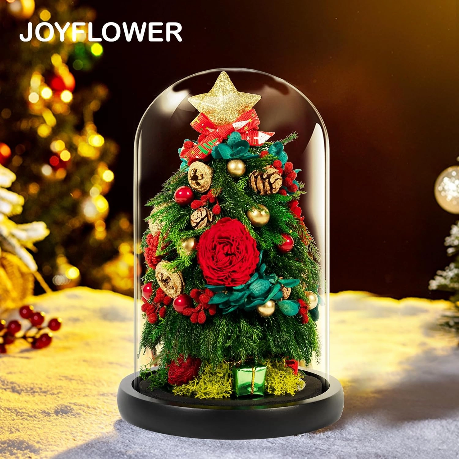 JoyFlower Small Christmas Tree Preserved Flowers in Glass Dome, Eternal Roses Christmas Tree Table Decor, Mini Table Christmas Trees with Forever Flowers, Unique with Elegant Gift Box
