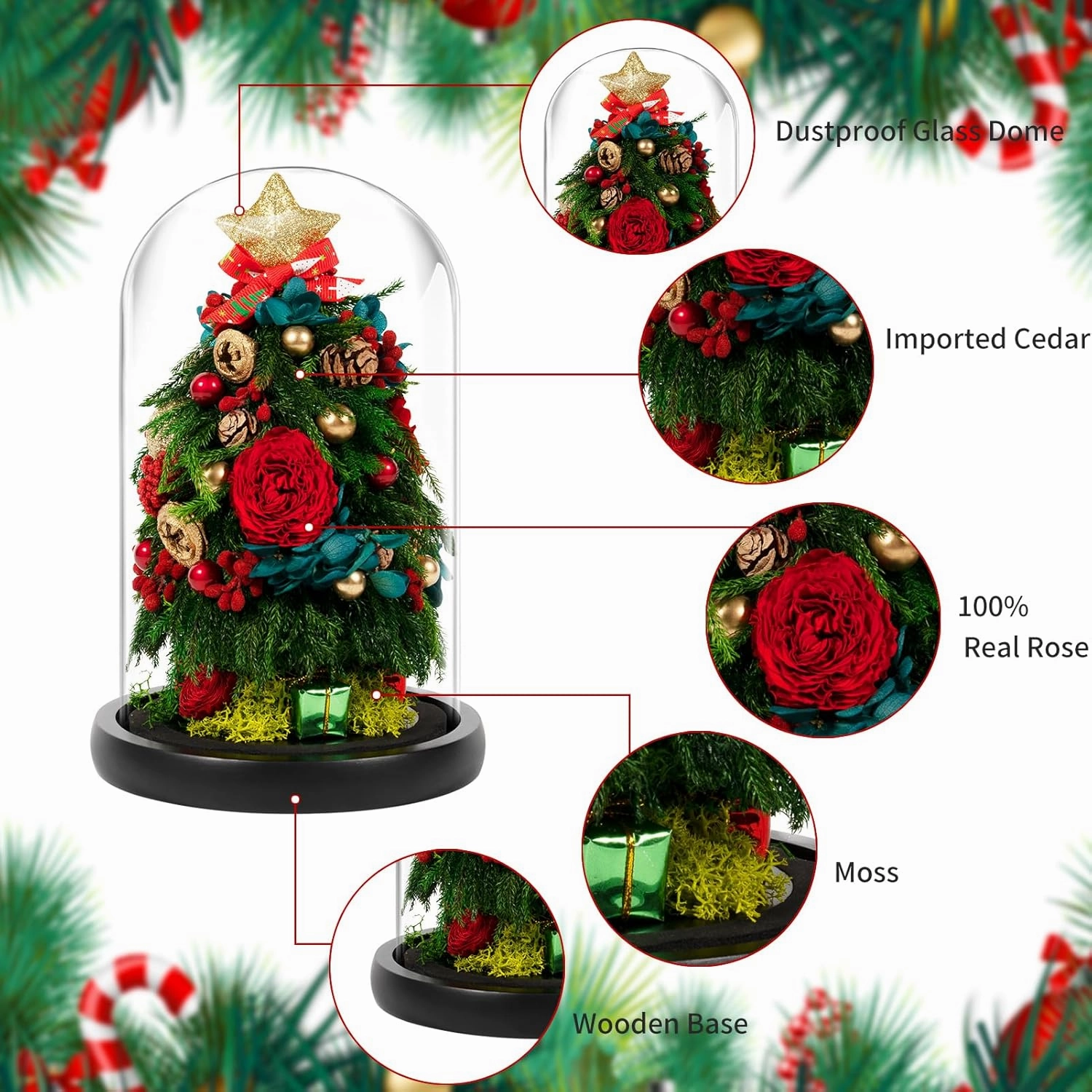 JoyFlower Small Christmas Tree Preserved Flowers in Glass Dome, Eternal Roses Christmas Tree Table Decor, Mini Table Christmas Trees with Forever Flowers, Unique with Elegant Gift Box